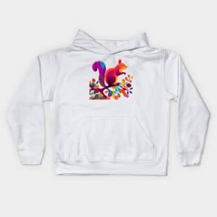 A whimsical, colorful squirrel perched on a branch Kids Hoodie